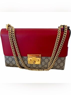 Gucci Red Leather & GG Canvas Shoulder Bag with Gold Hardware